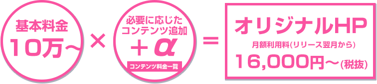 基本料金10万～×必要に応じたコンテンツ追加+α＝オリジナルHP月額管理費（リリース月から）16,000円~（税抜）